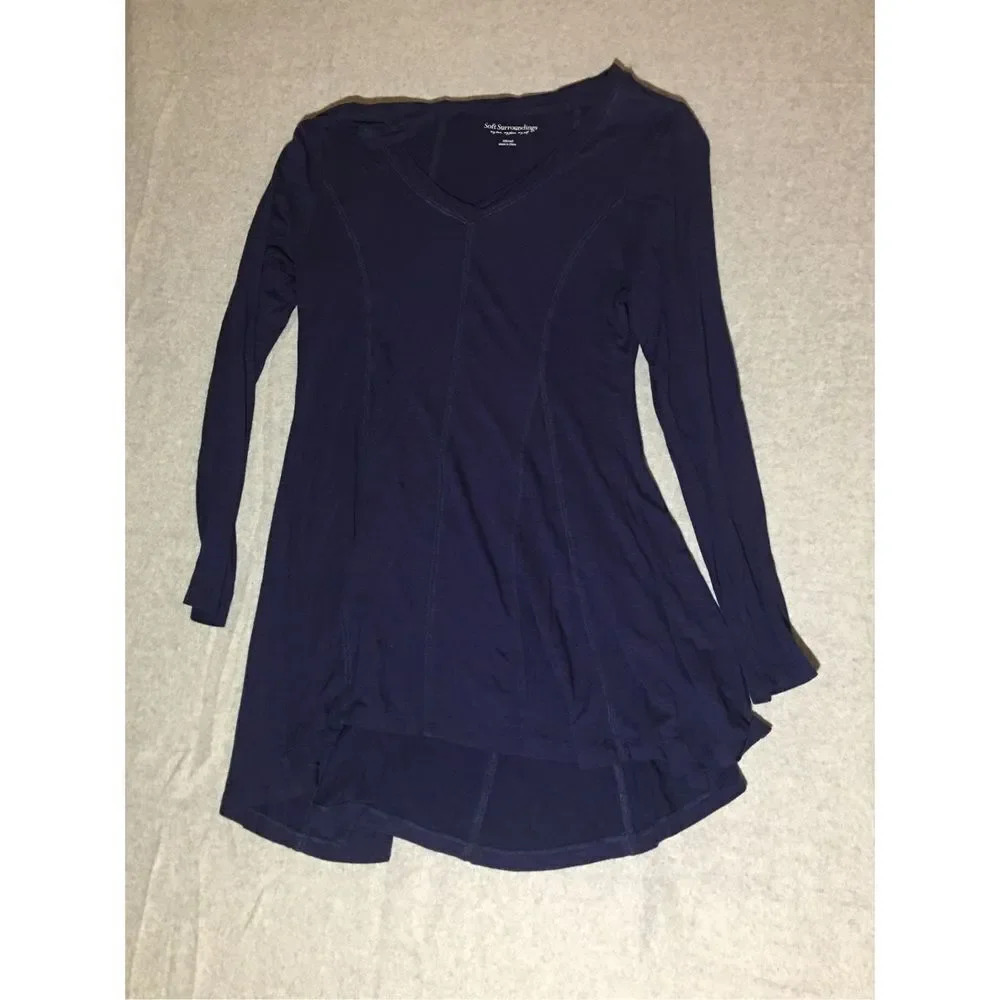 Womens Soft Surroundings Top XS Tunic Blue Asymmetrical Long Sleeve Casual